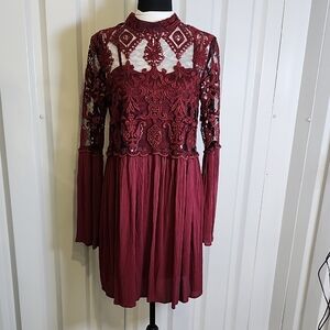 Altar'd State Women's Burgundy Lace Long Sleeve Mini Dress Size Medium